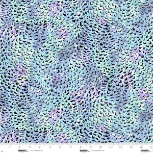 May include: A fabric with a repeating pattern of small, black, feather-like shapes against a watercolor background. The background features soft shades of blue, teal, and lavender. The fabric is measured in inches.
