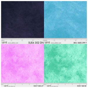 May include: A fabric swatch with four sections: dark blue, light blue, pink, and green. Each section has a textured, mottled appearance. The image includes text: SUE6 302 DN, SKU: SUES 299 T, SUE7 303 LP, and SUE7 303 M, along with inch measurements.