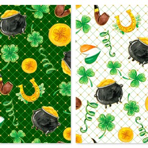 May include: Two seamless patterns featuring St. Patrick's Day themed illustrations. The first pattern is green with gold accents and features a pot of gold, a horseshoe, a pipe, shamrocks, and gold coins. The second pattern is white with gold accents and features a pot of gold, a horseshoe, a pipe, shamrocks, gold coins, and a heart with the Irish flag colors.