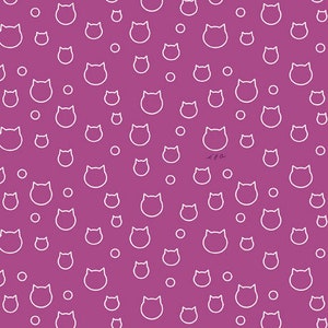 May include: A seamless pattern featuring white outline cat faces on a solid magenta background. The cat faces are repeated throughout the pattern, creating a playful and whimsical design.