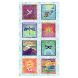 May include: A fabric panel featuring eight square images with nature-themed illustrations. The images include a hummingbird, turtles, a dragonfly, a tree, a dove, butterflies, and a sunset. The color palette includes blues, purples, greens, and oranges.