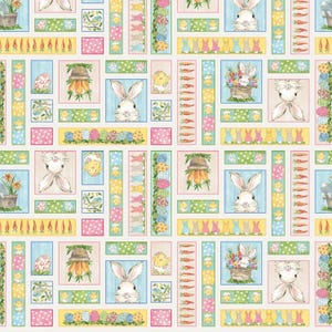 May include: A colorful patterned fabric with a repeating design of bunnies, eggs, carrots, and flowers. The fabric is perfect for crafting projects, quilting, and home decor.