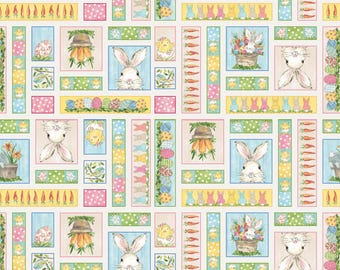 Continuous Bunny Patchwork Panel Cotton Fabric, Peek a boo Bunnies 1569-44 Henry Glass Wall hanging 24' Repeat Rabbit Egg Chick Decor