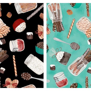 May include: A seamless pattern featuring a variety of chocolate and dessert treats, including chocolate-covered pretzels, chocolate sticks, jars of marshmallows, jars of chocolate-covered pretzels, and jars of chocolate sauce. The pattern is set against a black and turquoise background.