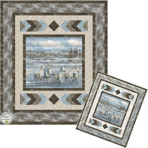 May include: A large, square quilt with a central image of white horses in water, surrounded by a border of geometric patterns in shades of brown, blue, and beige. A smaller, matching quilt is also present, showcasing the same design.