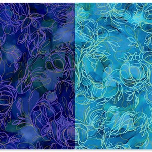 May include: Two panels of fabric with floral designs. The left panel is a deep blue with purple floral outlines and gold dotted accents. The right panel is a lighter blue with white floral outlines and gold dotted accents. The overall theme is floral.