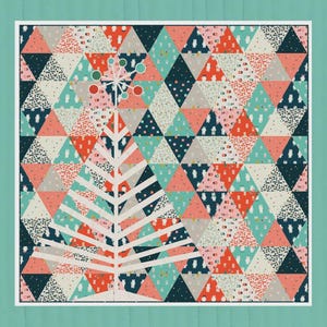 May include: A quilt pattern titled "Tinsel Tree" with a geometric design. The quilt features a white tree shape over a background of colorful triangles in teal, coral, navy, and white. The dimensions are 28" x 35" (70 x 73 cm). The text "Everyday Stitches" is at the bottom.