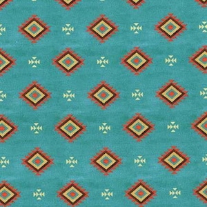 May include: A turquoise fabric with a repeating geometric pattern. The design features diamond shapes with red, brown, and yellow accents, along with smaller, four-pointed star-like motifs. The overall aesthetic is reminiscent of Southwestern or tribal designs.