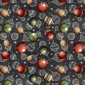 May include: A repeating pattern of Christmas ornaments in red, green, and gold on a dark gray background. The ornaments have various designs and are interspersed with white chalk-style drawings of ornaments and stars.
