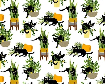 Just Purrlanted Cotton Fabric Feline Fancy Leezaworks Dear Stella DLW2662 FQ Fat Quarter Eighth half BTY by Yard kittycats cats Black cat