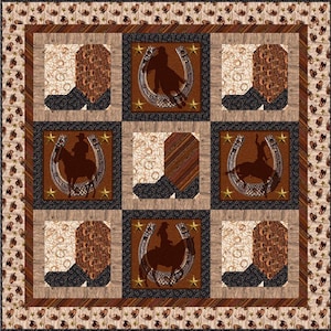 May include: A patchwork quilt with a Western theme. The quilt features repeating squares with images of cowboy boots, horseshoes, and cowboys on horseback. The color palette includes shades of brown, tan, and black, with gold star accents. The border has a repeating pattern of cowboy hats.