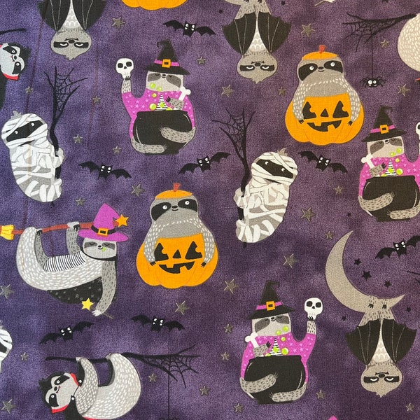 Spooky Sloths Halloween Cotton Fabric, Spooky Season, Cute Fun fat quarters, FQ,eighth half by the yard BTY witch pumpkin mummy small cuts