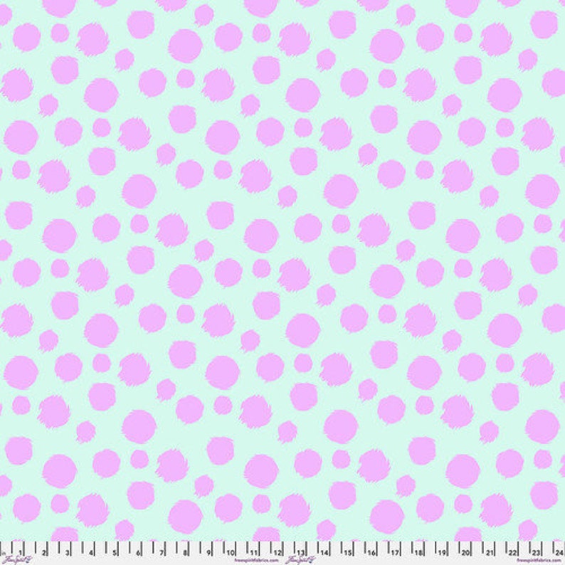 May include: A seamless pattern of light pink polka dots on a light blue background.