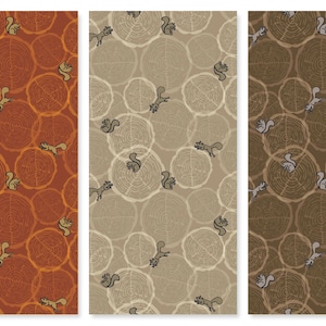 May include: Three panels with repeating patterns of tree rings and squirrels. The panels feature different color schemes: rust, tan, and brown. The squirrels are depicted in a cartoon style, adding a playful element to the design.