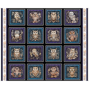 May include: A fabric panel featuring sixteen square images of owls. Each owl is depicted in a different pose, surrounded by foliage, and set against a dark background with teal and purple borders. The owls are in shades of brown, gold, and white.