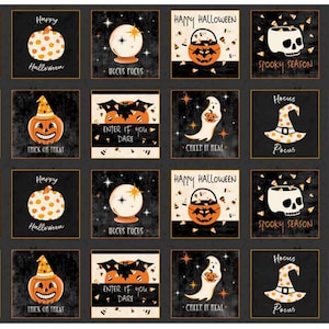 May include: A black and white Halloween themed fabric with 16 different squares featuring various Halloween icons and sayings. The icons include an owl, a pumpkin, a ghost, a bat, a witch's hat, a skull, a cat, and a cauldron. The sayings include "Stay Spooky", "Happy Halloween", "Spooky Season", "Trick or Treat", "Hocus Pocus", "Enter If You Dare", "Cheek It Real", "Something Wicked This Way Comes", "Scary Cat", and "Gtay Spooky".