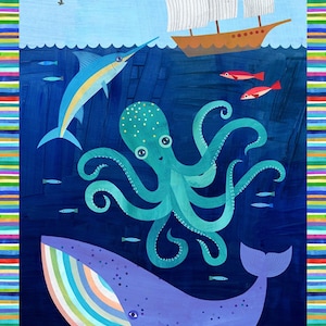 May include: A colorful illustration of a whale, octopus, and marlin swimming in the ocean. A sailboat with white sails is above the waterline. The background is a blue sky with white clouds and a border of colorful stripes.