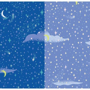 May include: A seamless pattern featuring a blue night sky with white stars, yellow shooting stars, and white clouds with yellow crescent moons. The pattern is repeated on both sides of the image.
