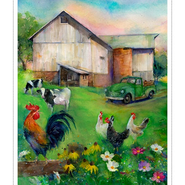 Country Living Panel Cotton Fabric 21685, John Keeling 3 wishes, 36 in for Wall Hanging Farmhouse Rooster Painterly Barn Truck Decor tote