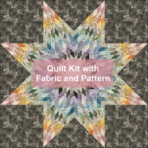 May include: A colorful quilt kit with fabric and pattern. The quilt features a large star design with various patterned fabric strips in shades of orange, yellow, green, blue, and purple. The background is a dark gray, patterned fabric. Text on the image reads "Quilt Kit with Fabric and Pattern."