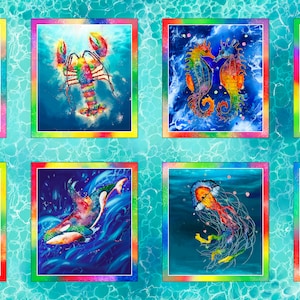 May include: A colorful fabric panel with a repeating pattern of eight different sea creatures. Each creature is surrounded by a rainbow-colored frame and set against a blue background with a water ripple pattern. The creatures include an octopus, lobster, seahorse, turtle, stingray, whale, jellyfish, and shrimp.