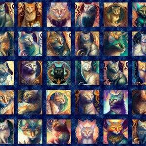 May include: A fabric panel featuring a grid of 30 cat portraits in various colors and poses. Each cat is framed with ornate, colorful designs against a dark blue background. The cats' fur colors range from orange to black, with detailed facial expressions.