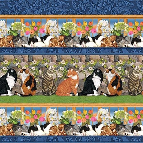 Cat Border Stripe Cotton Fabric, Whiskers Among Petals 3645-77