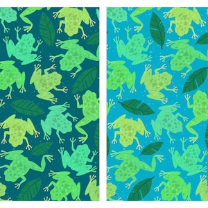 May include: Two fabric patterns featuring a repeating design of green frogs and leaves. One pattern has a teal background, and the other has a light blue background. The frogs are in various shades of green, creating a playful and whimsical design.