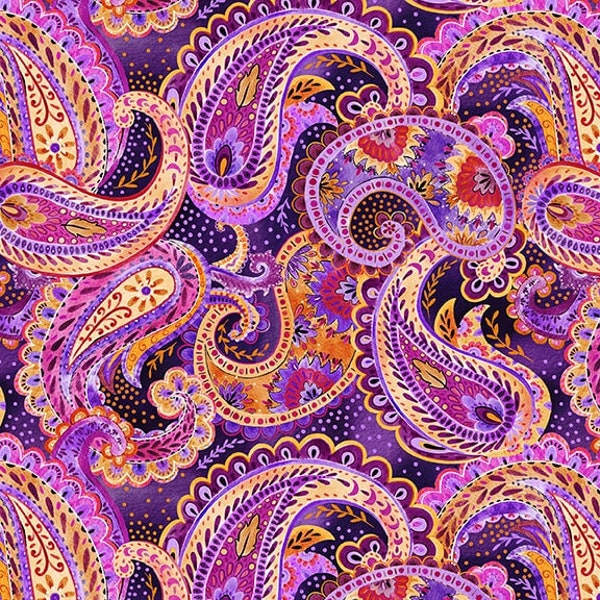 Paisley Cotton Fabric, 3271-55 Petra, Satin Moon Designs, Blank, FQ Fat Quarter Eighth By The Yard BTY Precuts, Boho Bohemian Moroccan Decor