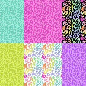 May include: Six different patterns of colorful leopard print fabric. The patterns are in shades of blue, green, pink, purple, and yellow.