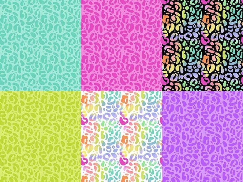 May include: Six different patterns of colorful leopard print fabric. The patterns are in shades of blue, green, pink, purple, and yellow.