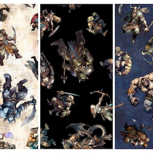 May include: A seamless pattern featuring fantasy characters in various poses. The characters are depicted in a medieval style, with swords, bows, and other weapons. The background is a light beige, dark blue, or black.