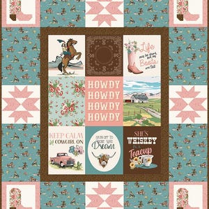 May include: A patchwork quilt with a western theme. It features images of cowboy boots, horses, and floral patterns in shades of pink, teal, and brown. Text includes "Howdy," "Keep Calm Cowgirl On," and "She's Whiskey in a Teacup."