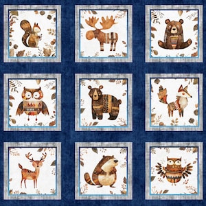 May include: A fabric panel featuring nine framed illustrations of woodland animals, including a squirrel, moose, bear, owl, fox, deer, and beaver. The animals are depicted in a folk art style with autumnal colors and patterns, set against a blue background.