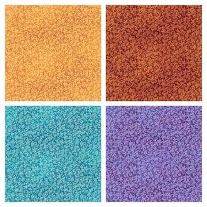 May include: Four square patterned fabric swatches in different colors. The top left swatch is a light orange with a floral pattern. The top right swatch is a dark orange with a floral pattern. The bottom left swatch is a teal blue with a floral pattern. The bottom right swatch is a purple with a floral pattern.