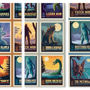 May include: A set of 12 vintage-style posters featuring mythical creatures from different national parks. Each poster features a different creature, such as a Bigfoot, a Mothman, and a Shunk Warakin, with the name of the creature and the national park it is associated with.