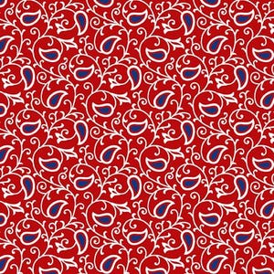 May include: A seamless pattern featuring white paisley shapes with blue centers on a red background. The paisley shapes are arranged in a repeating pattern and are connected by white vines.
