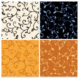 May include: Four different patterns of a floral design on a white, black, orange, and brown background. The design features a repeating pattern of stylized leaves and vines.