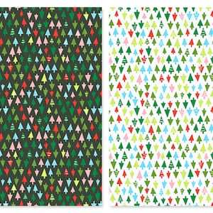 May include: Two seamless patterns featuring colorful Christmas trees on a dark green and white background. The trees are in various shades of green, red, pink, blue, and yellow.