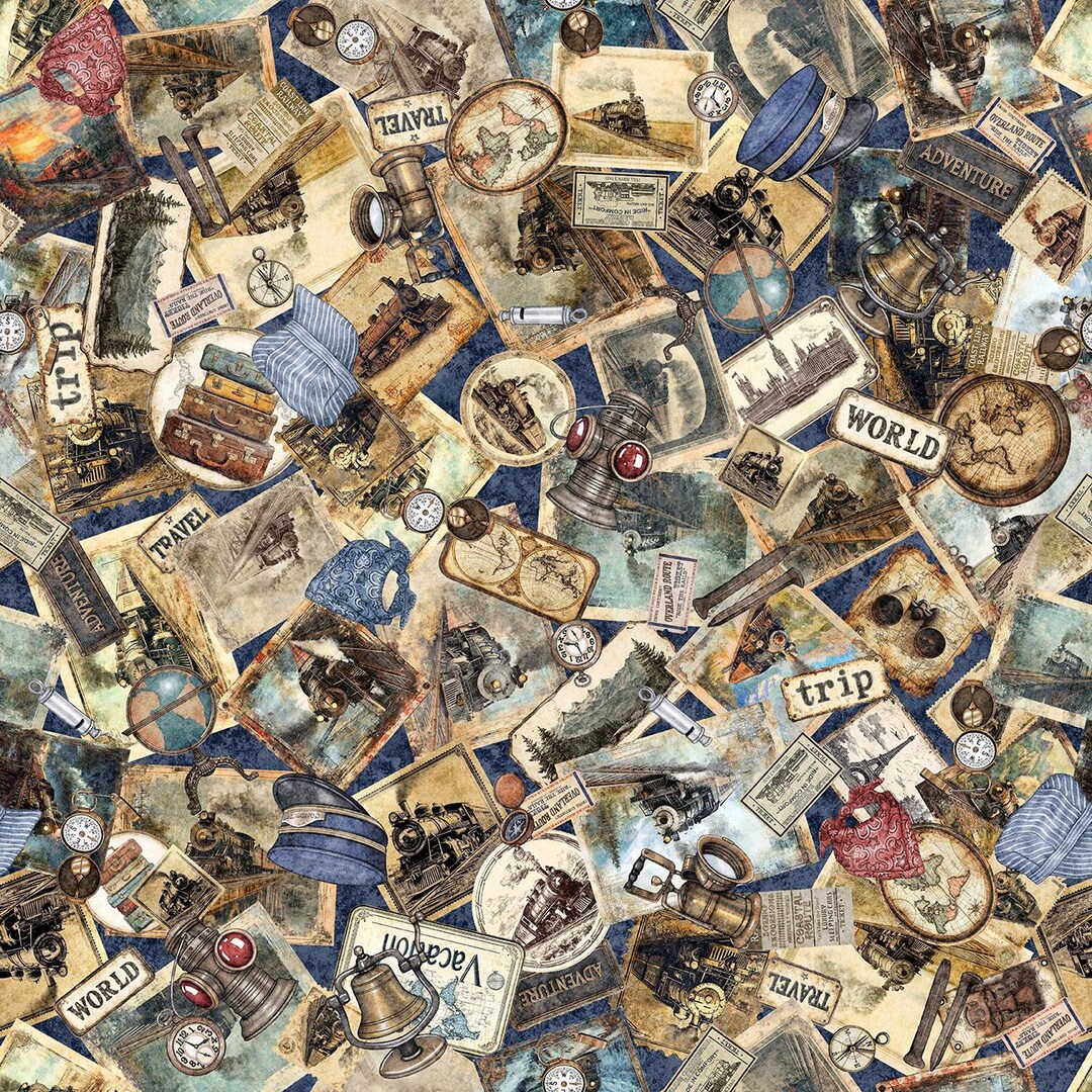 Train Ephemera Cotton Fabric, 31635-B Steam & Steel, Dan Morris ...