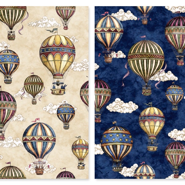Hot Air Balloons Cotton Fabric, 30050 Flying High Dan Morris Qt Fabrics, Fat Quarter FQ Eighth By Yard BTY Vintage Decor Steampunk Ephemera