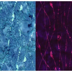 May include: Two fabric panels with abstract designs. The left panel is a mottled blue with white lines and teardrop shapes. The right panel is dark purple with pink lines and teardrop shapes. The designs are similar, but the colors are different.