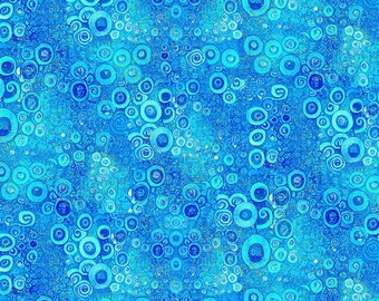 May include: Abstract blue pattern with varying shades of turquoise and navy. The design features numerous circles and spirals, creating a textured, artistic effect. The background has a speckled appearance, adding depth to the overall composition.