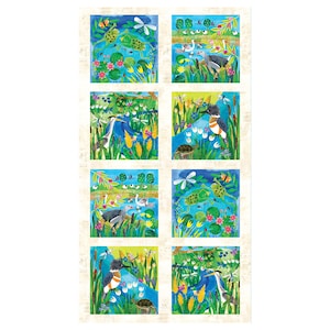 May include: A fabric panel featuring eight repeating square illustrations of a pond ecosystem. The colorful scenes depict frogs, herons, kingfishers, turtles, dragonflies, and water lilies set against a light cream background with a grid layout.