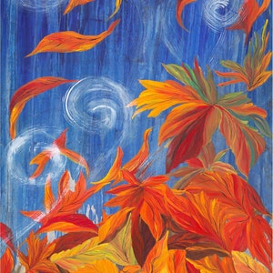 May include: A painting of swirling autumn leaves in shades of orange, red, and yellow against a blue background. The leaves are depicted as falling and swirling in the wind.
