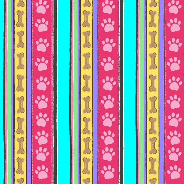 Diva Stripe Cotton Fabric, Pampered Paws Freckle + Lollie D142-A, FQ Fat Quarter Eighth By Yard BTY bandana tote Dog Grooming Pawprint Bone