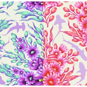 May include: A repeating pattern featuring stylized flowers, seaweed, and hammerhead sharks in shades of pink, purple, and green on a cream background. The design has a whimsical, illustrative style, with a focus on marine life.