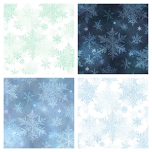 May include: Four seamless patterns featuring snowflakes in various shades of blue and green on a white background. The snowflakes are detailed and intricate, creating a wintery feel.