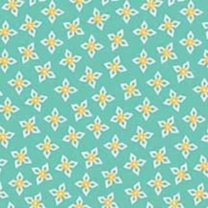 May include: A seamless pattern featuring a repeating design of white four-pointed stars with yellow centers on a teal background.