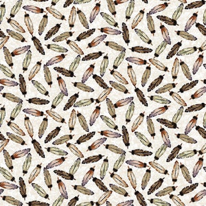 May include: A repeating pattern of watercolor-style feathers in shades of brown, tan, and purple on a cream-colored background. The feathers are arranged in a random, scattered design, creating a textured and organic feel. The overall aesthetic is rustic and natural.